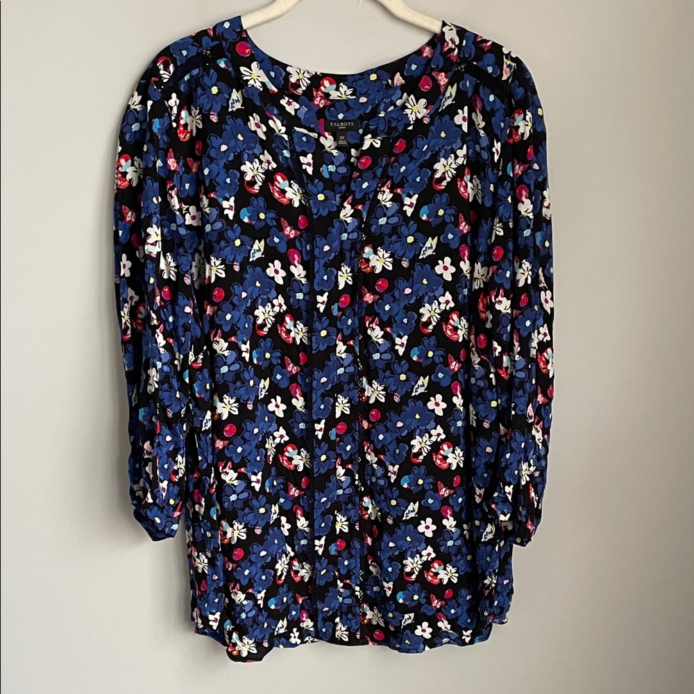 Talbots Blue Floral Rayon Pullover Blouse Size 2X